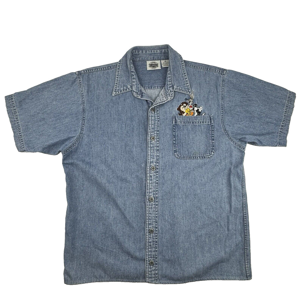 Looney Tunes Classic Shirt Short Sleeve Denim Button Up Warner Brothers Small